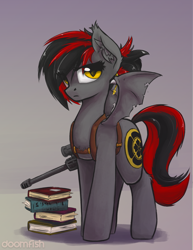 Size: 1965x2547 | Tagged: safe, artist:blvckmagic, oc, oc only, oc:tomoko tanue, species:bat pony, species:pony, fallout equestria, bat wings, battle saddle, book, cutie mark, ear fluff, female, fluffy, gun, hooves, mare, optical sight, ponytail, rifle, sniper rifle, solo, survival guide, weapon, wings