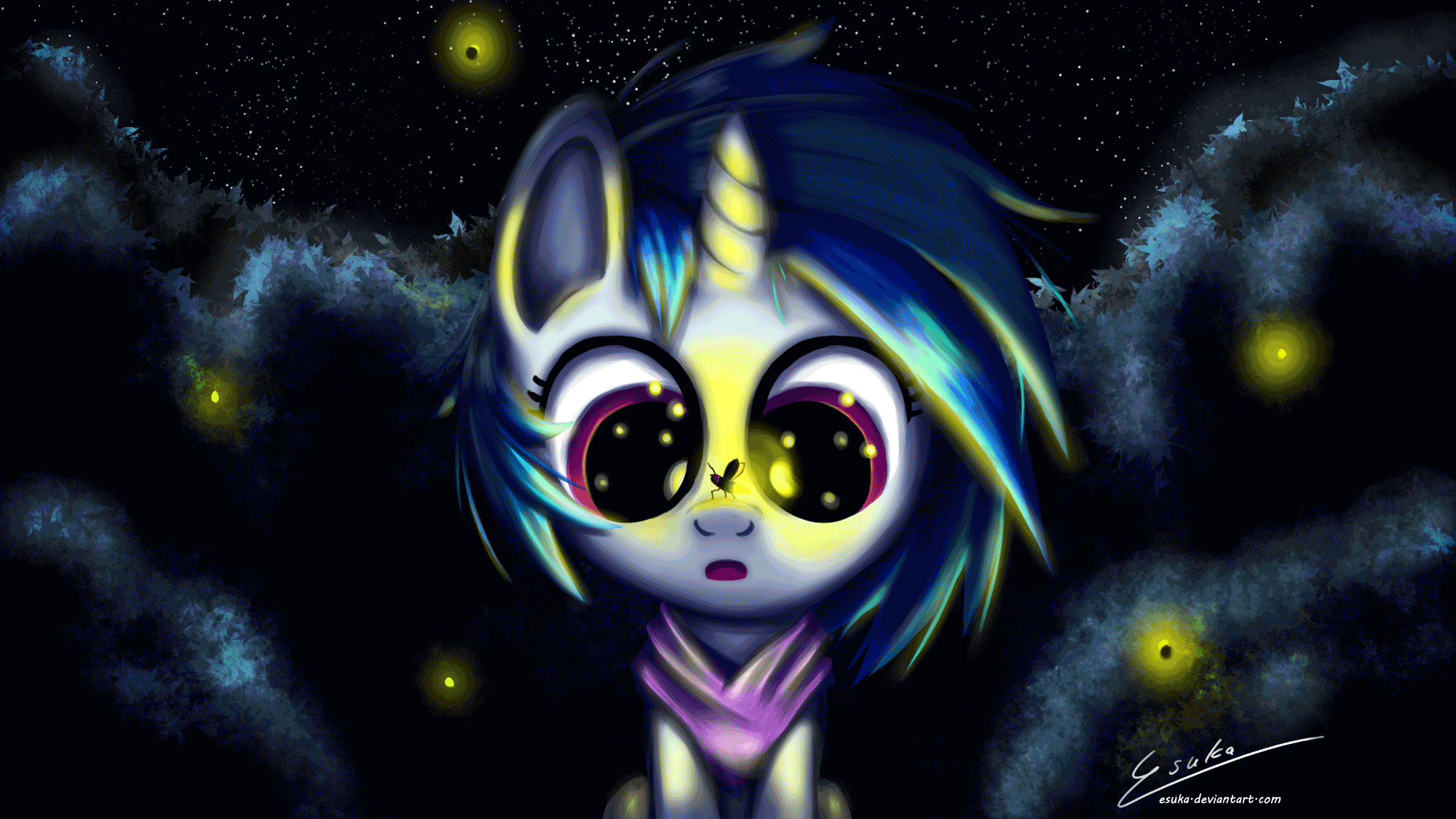 Size: 2000x1125 | Tagged: safe, artist:esuka, character:dj pon-3, character:vinyl scratch, animated, female, firefly, glow, insect, night