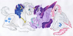 Size: 5170x2558 | Tagged: safe, artist:dawn22eagle, character:double diamond, character:twilight sparkle, character:twilight sparkle (alicorn), oc, oc:cosmic wave, oc:snowlight, oc:starswirl, parent:double diamond, parent:twilight sparkle, parents:diamondlight, species:alicorn, species:pony, cute, diamondlight, family, female, male, next generation, offspring, shipping, straight, twiabetes