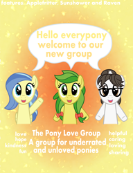 Size: 3188x4161 | Tagged: safe, artist:nupiethehero, character:apple fritter, character:raven inkwell, character:sunshower, apple family member, background pony, group, show accurate, the pony love group, vector