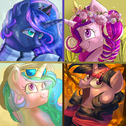 Size: 3000x3000 | Tagged: safe, artist:segraece, character:princess cadance, character:princess celestia, character:princess luna, character:twilight sparkle, character:twilight sparkle (alicorn), species:alicorn, species:pony, alicorn tetrarchy, alternate hairstyle, autumn, blep, braid, clothing, floral head wreath, flower, flower in hair, hat, scarf, seasons, silly, silly pony, smiling, spring, summer, sunburn, sunglasses, tongue out, winter