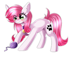 Size: 1500x1200 | Tagged: safe, artist:adostume, oc, oc only, oc:tendril, species:earth pony, species:pony, behaving like a cat, bell, bell collar, blushing, collar, cute, digital art, ear fluff, female, green eyes, simple background, solo, white background, yarn, yarn ball