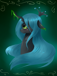 Size: 1500x2000 | Tagged: safe, artist:tomat-in-cup, character:queen chrysalis, species:changeling, abstract background, bust, changeling queen, female, floppy ears, goo, solo