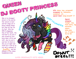 Size: 1024x796 | Tagged: safe, artist:kyaokay, oc, oc only, oc:queen dj booty princess, species:alicorn, species:pony, :t, alicorn oc, bow, bracelet, butterfly, cat, clothing, colored wings, colored wingtips, comic sans, cursed hoof, curved horn, doge, donut steel, ear fluff, female, flying, food, galaxy mane, grammar error, heart, intentional grammar error, jewelry, joke oc, lip bite, looking at you, looking up, mare, mary sue, meat, multicolored wings, multiple wings, original character do not steal, pepperoni, pepperoni pizza, pizza, rainbow wings, rolex watch, seraph, simple background, smiling, socks, solo, spread wings, striped socks, swag, text, tiara, wall of tags, watch, white background, wingding eyes, wings