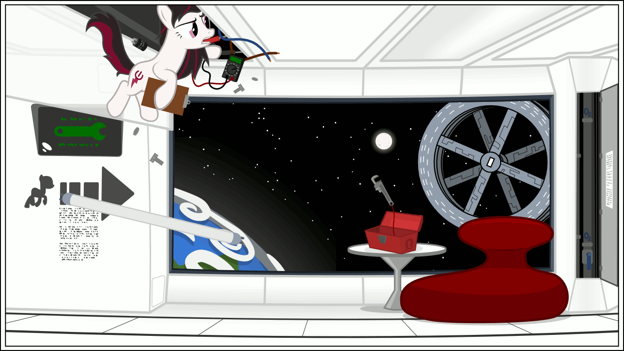 Size: 1280x720 | Tagged: safe, artist:misteraibo, oc, oc only, oc:electra sparks, 2001: a space odyssey, animated, blinking, book, clipboard, digital multimeter, floating, frown, glare, hoof hold, light, maintenance, mouth hold, orbit, planet, screw, solo, space, space station, tools, window, wrench, zero gravity