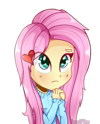 Size: 1024x1265 | Tagged: safe, artist:vixelzf, character:fluttershy, my little pony:equestria girls, barrette, blue sweater, clasped hands, clothing, colored skin, cute, cyan eyes, digital art, female, hair accessory, heart, pink hair, shyabetes, simple background, solo, sweater, sweatershy, white background