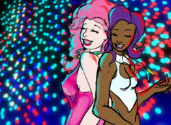 Size: 540x394 | Tagged: safe, artist:sehad, character:pinkie pie, character:rarity, species:human, humanized, neon, party, rave, simple background, sketch