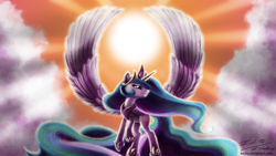 Size: 2000x1125 | Tagged: safe, artist:esuka, character:princess celestia, species:alicorn, species:pony, backlighting, big wings, cloud, cloudy, crepuscular rays, featured on derpibooru, female, flying, mare, smiling, solo, spread wings, wings