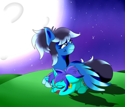 Size: 1024x878 | Tagged: safe, artist:theartistsora, oc, oc only, oc:eppie genetic, oc:runic shield, commission, couple, cuddling, moon, sleeping, snuggling