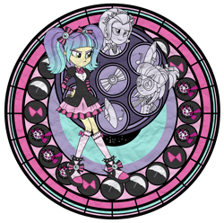 Size: 1280x1271 | Tagged: safe, artist:aqua-pony, character:photo finish, my little pony:equestria girls, clothing, crossover, disney, dive to the heart, glasses, group, headband, inkscape, kingdom hearts, pixel pizazz, simple background, spikes, stained glass, the snapshots, transparent background, vector, violet blurr