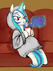 Size: 750x1000 | Tagged: safe, artist:ryuredwings, character:dj pon-3, character:vinyl scratch, species:pony, species:unicorn, clothing, comfy, couch, couch potato, drinking, female, glowing horn, hoodie, horn, magic, mare, solo, straw, telekinesis