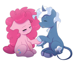 Size: 3200x2649 | Tagged: safe, artist:marukouhai, character:pinkie pie, character:pokey pierce, species:classical unicorn, species:earth pony, species:pony, ship:pokeypie, :t, belly button, blushing, curved horn, cute, eyes closed, featured on derpibooru, female, floppy ears, frown, holding hooves, leonine tail, male, mare, open mouth, preggy pie, pregnant, sensibly-proportioned pregnancy, shipping, simple background, sitting, smiling, stallion, straight, unshorn fetlocks, white background