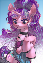 Size: 735x1080 | Tagged: safe, artist:locksto, character:starlight glimmer, species:pony, species:unicorn, g4, beanbrows, beautiful, bipedal, charm, clothing, collar, colored hooves, crossed hooves, cute, cutie mark collar, dress, ear fluff, eyebrows, eyebrows visible through hair, female, glimmerbetes, mare, panties, ponytail, semi-anthro, side slit, solo, thong, underwear