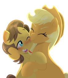 Size: 3000x3400 | Tagged: safe, artist:marukouhai, character:applejack, character:caramel, species:earth pony, species:pony, ship:carajack, bipedal, blushing, carabetes, cute, eyes closed, female, hug, jackabetes, kiss on the cheek, kissing, kissy face, male, mare, nose wrinkle, one eye closed, rearing, shipping, simple background, sitting, size difference, smiling, stallion, straight, white background, wink