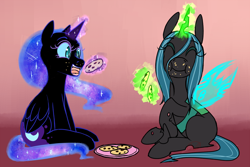 Size: 1000x666 | Tagged: safe, artist:ryuredwings, character:nightmare moon, character:princess luna, character:queen chrysalis, newbie artist training grounds, cookie, crumbs, eyes closed, filly, filly queen chrysalis, food, magic, nightmare woon, sitting, telekinesis