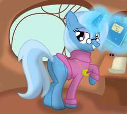 Size: 1423x1285 | Tagged: dead source, safe, artist:dazed-and-wandering, character:trixie, species:pony, species:unicorn, ask stalker trixie, clothing, female, glasses, jewelry, mare, necklace, sweater