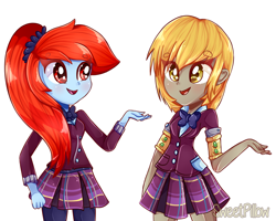 Size: 1024x818 | Tagged: safe, artist:vixelzf, oc, oc only, oc:beryl, oc:frostfire, my little pony:equestria girls, clothing, commission, crystal prep academy, crystal prep academy uniform, crystal prep shadowbolts, duo, equestria girls-ified, open mouth, pantyhose, pleated skirt, school uniform, simple background, skirt, white background