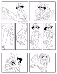 Size: 2550x3300 | Tagged: safe, artist:foxbeast, character:princess ember, species:dragon, species:human, anime, ash ketchum, bloodstone scepter, character to character, comic, crossover, dragon lord ember, human to dragon, lineart, magic, male to female, monochrome, nintendo, pokémon, rule 63, simple background, solo, transformation, transgender transformation, wat, white background