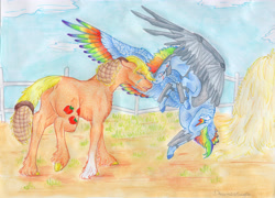 Size: 4916x3532 | Tagged: safe, artist:dawn22eagle, character:applejack, character:rainbow dash, species:earth pony, species:pegasus, species:pony, ship:appledash, alternate timeline, alternate universe, amputee, apocalypse, apocalypse dash, armor, augmented, colored hooves, crying, crystal war timeline, duo, female, floating, flying, lesbian, mare, prosthetic limb, prosthetic wing, prosthetics, rainbow feathers, shipping, signature, socks (coat marking), tail feathers, unshorn fetlocks, wings