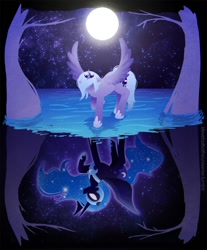 Size: 746x900 | Tagged: safe, artist:steveholt, character:nightmare moon, character:princess luna, species:alicorn, species:pony, cutie mark, duality, duo, female, full moon, guard, hooves, horn, jewelry, lineless, mare, moon, night, night sky, reflection, regalia, s1 luna, sky, solo, stars, tiara, water, wings