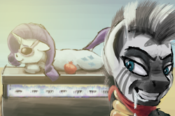 Size: 800x531 | Tagged: safe, artist:sa1ntmax, character:rarity, character:zecora, species:pony, species:unicorn, species:zebra, cooked alive, cooking, female, hungry, implied cannibalism, mare, pony as food, this will end in pain