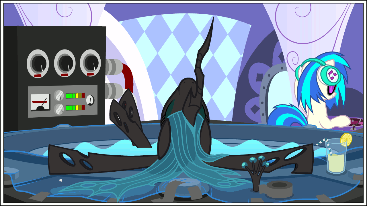 Size: 1280x720 | Tagged: safe, artist:misteraibo, character:dj pon-3, character:queen chrysalis, character:vinyl scratch, species:pony, species:unicorn, amplifier, animated, bath, duct tape, eyes closed, female, gif, mare, perfect loop, smiling, subwoofer, tape, turntable, wub tub
