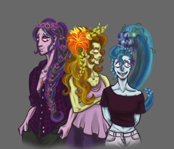 Size: 1716x1478 | Tagged: safe, alternate version, artist:madness-with-reason, character:adagio dazzle, character:aria blaze, character:sonata dusk, my little pony:equestria girls, alternate hairstyle, aria-blazin-it, clothing, flower, flower in hair, open clothes, open shirt, the dazzlings