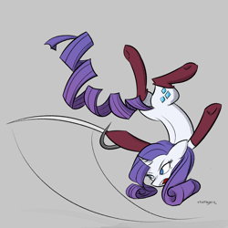 Size: 1000x1000 | Tagged: safe, artist:thattagen, character:rarity, species:pony, action pose, backflip, clothing, female, fencing, gray background, mare, open mouth, rapier, simple background, socks, sockypockytwi, solo, sword, weapon