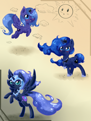 Size: 1500x2000 | Tagged: safe, artist:tomat-in-cup, character:nightmare moon, character:princess luna, species:alicorn, species:pony, cloud, ethereal mane, female, flying, galaxy mane, helmet, hoof shoes, jewelry, mare, multeity, peytral, raised hoof, rearing, s1 luna, smiling, sun, tiara