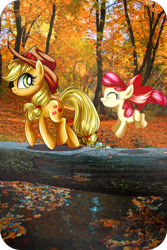 Size: 800x1200 | Tagged: safe, artist:tiffanymarsou, character:apple bloom, character:applejack, autumn, duo, sisters
