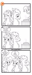 Size: 1300x3000 | Tagged: safe, artist:foxbeast, character:applejack, character:rainbow dash, character:soarin', species:pony, comic:pie love, ship:soarinjack, blushing, comic, food, male, monochrome, pie, shipping, straight, that pony sure does love pies, wide eyes