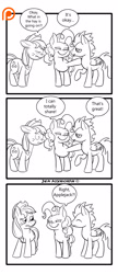 Size: 1300x3000 | Tagged: safe, artist:foxbeast, character:applejack, character:pinkie pie, character:soarin', species:pony, comic:pie love, comic, frown, monochrome, pie, smirk, that pony sure does love pies, wide eyes
