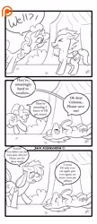 Size: 1300x3000 | Tagged: safe, artist:foxbeast, character:applejack, character:pinkie pie, character:soarin', species:pony, comic:pie love, comic, monochrome, on back, pie, stomach ache, swallowing, that pony sure does love pies