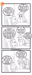 Size: 1300x3000 | Tagged: safe, artist:foxbeast, character:applejack, character:pinkie pie, character:soarin', species:pony, comic:pie love, ship:soarinjack, applejack is not amused, bed, comic, frown, hospital, male, monochrome, on back, one sided shipping, patreon, patreon logo, pie, shipping, straight, that pony sure does love pies, unamused