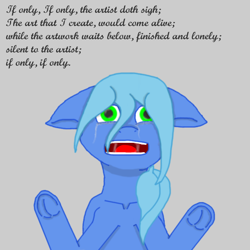 Size: 700x700 | Tagged: safe, artist:planetkiller, oc, oc only, oc:adora belle, species:pony, bust, crying, floppy ears, frog (hoof), gray background, open mouth, poetry, sad, simple background, solo, trapped, underhoof