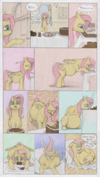 Size: 1500x2646 | Tagged: safe, artist:difetra, character:fluttershy, belly, big belly, brownies, cake, comic, cookie, cupcake, eating, fat, fattershy, female, food, solo, stuffed, stuffing, weight gain