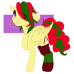 Size: 1280x1280 | Tagged: safe, artist:rue-willings, oc, oc only, oc:attraction, species:pegasus, species:pony, blep, blushing, clothing, femboy, male, pfft, raspberry, socks, solo, striped socks, tongue out, trap