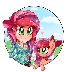Size: 1280x1365 | Tagged: safe, artist:vixelzf, oc, oc only, oc:apple spice, my little pony:equestria girls, :>, blushing, bow, bracelet, clothing, commission, cute, equestria girls-ified, hair bow, heart, human ponidox, jewelry, leaning, necklace, ocbetes, ponidox, self ponidox, skirt, smiling, sparkles, starry eyes, wingding eyes