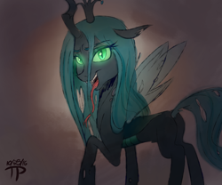 Size: 1440x1200 | Tagged: safe, artist:thethunderpony, edit, character:queen chrysalis, species:changeling, bedroom eyes, changeling queen, fangs, female, glowing eyes, lidded eyes, long tongue, open mouth, quadrupedal, solo, tongue out