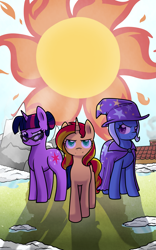 Size: 2177x3493 | Tagged: safe, artist:cloureed, character:sunset shimmer, character:trixie, character:twilight sparkle, character:twilight sparkle (scitwi), species:pony, species:unicorn, alternate universe, counterparts, cover art, fanfic, fanfic art, fanfic cover, magical trio, ponified, sun, sunshine shimmer, twilight's counterparts, winter