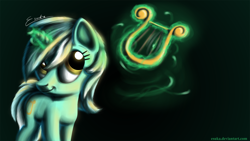 Size: 2000x1125 | Tagged: safe, artist:esuka, character:lyra heartstrings, species:pony, species:unicorn, black background, female, lyre, magic, mare, simple background, solo, telekinesis