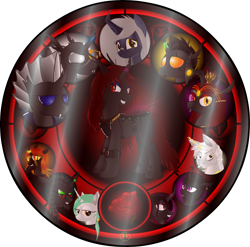 Size: 5000x4941 | Tagged: safe, artist:lakword, oc, oc only, oc:rubeencha, oc:scarlet, species:changeling, species:pony, absurd resolution, blue changeling, bust, changeling oc, changeling queen, changeling queen oc, female, flower, glass, green changeling, group, purple changeling, red changeling, rose, simple background, stained glass, transparent background, white changeling, yellow changeling