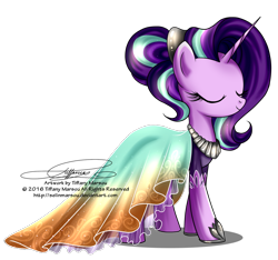 Size: 998x935 | Tagged: safe, artist:tiffanymarsou, character:starlight glimmer, clothing, dress, eyes closed, female, obtrusive text, obtrusive watermark, simple background, smiling, solo, transparent background, watermark