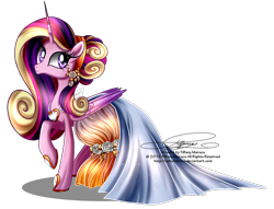 Size: 1200x919 | Tagged: safe, artist:tiffanymarsou, character:princess cadance, clothing, dress, female, gala dress, simple background, smiling, solo, transparent background, watermark
