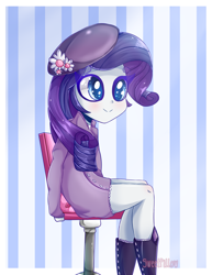 Size: 1280x1654 | Tagged: safe, artist:vixelzf, character:rarity, my little pony:equestria girls, chair, clothing, cute, female, flower, flower in hair, raribetes, sitting, smiling, solo