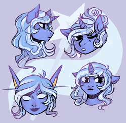 Size: 1280x1247 | Tagged: safe, artist:mscootaloo, character:trixie, species:elf, species:pony, species:unicorn, :t, asksketchytrixie, bust, cutie mark, ear piercing, elf ears, eyebrows, female, floppy ears, frown, lidded eyes, looking at you, night elf, nightborne, one eye closed, piercing, smiling, solo, species swap, warcraft, wink, world of warcraft