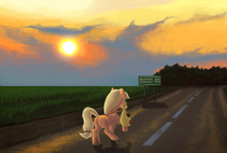 Size: 800x541 | Tagged: safe, artist:sa1ntmax, character:applejack, bindle, female, filly, plot, road, solo