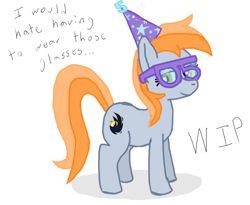 Size: 2200x1800 | Tagged: safe, artist:phat_guy, derpibooru original, oc, oc only, oc:darkest hour, species:earth pony, species:pony, 05, 5, clothing, dialogue, english, female, glasses, hat, mare, party hat, simple background, smiling, solo, standing, white background, wip