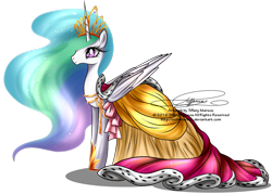 Size: 1200x860 | Tagged: safe, artist:tiffanymarsou, character:princess celestia, species:pony, clothing, dress, female, gala dress, mare, signature, simple background, solo, transparent background, watermark