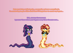 Size: 720x527 | Tagged: safe, artist:verve, character:sunset shimmer, character:twilight sparkle, character:twilight sparkle (scitwi), species:eqg human, species:lamia, my little pony:equestria girls, ain't never had friends like us, ask, genie, original species, pixel art, transformation, tumblr, twilamia, twinaga